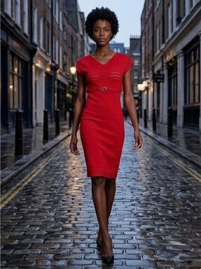 VERSACE COLLECTION RED KNIT DRESS WITH MEDUSA BUCKLE